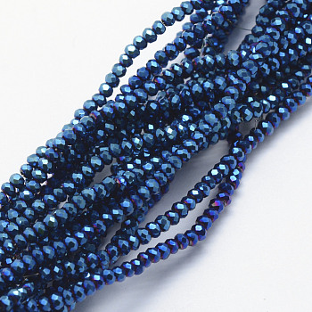 Electroplate Glass Beads Strands, Full Plated, Faceted, Rondelle, Blue Plated, 2.5x1.5mm, Hole: 0.5mm, about 197~201pcs/strand, 12.9 inch(33cm)