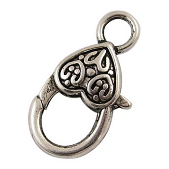 Tibetan Style Alloy Heart Lobster Claw Clasps, Cadmium Free & Nickel Free & Lead Free, Antique Silver, about 26.5x14x6mm, hole: 4mm