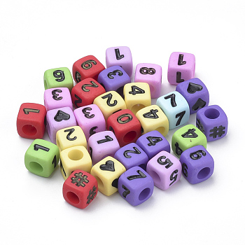 Opaque Acrylic Beads, Cube with Number, Mixed Color, 7x7x7mm, Hole: 3.5mm, about 2000pcs/500g