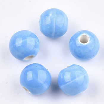 Handmade Porcelain Beads, Bright Glazed Porcelain, Round, Deep Sky Blue, 8~8.5x7.5~8mm, Hole: 1.5~2mm
