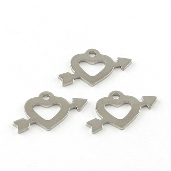Heart with Arrow Smooth Surface 201 Stainless Steel Charms, Stainless Steel Color, 12x21x1mm, Hole: 2mm