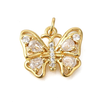 Rack Plating Brass Micro Pave Cubic Zirconia Pendants, Long-Lasting Plated, Lead Free & Cadmium Free, Real 18K Gold Plated, Butterfly Charms, with Jump Ring, Clear, 14.5x16.5x4mm, Hole: 3mm