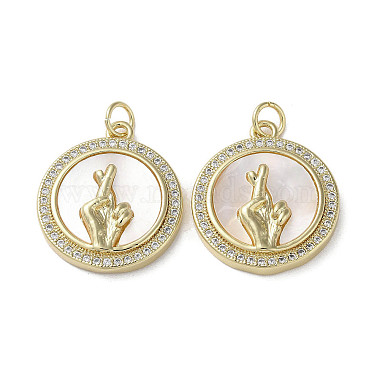 Real 18K Gold Plated Clear Flat Round Brass+Cubic Zirconia+Shell Pendants