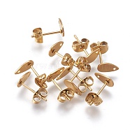 Ion Plating(IP) 304 Stainless Steel Stud Earring Findings, with Flat Plate, Teardrop, Golden, 8x5x0.7mm, Hole: 1mm, Pin: 0.8mm(STAS-O119-11B-G)