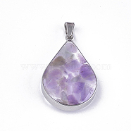 Natural Amethyst Pendants, with Glass and 304 Stainless Steel Findings, Drop, Stainless Steel Color, 26.5~27x17~17.5x6.5~7mm, Hole: 3x5.5mm(STAS-T043-02A)