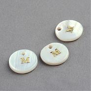 Freshwater Shell Pendants, Flat Round with Gold Blocking Letter.M, 11.5x2mm, Hole: 1.5mm(SSHEL-S249-M)