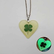 Glow in the Dark Resin Heart with Clover Pendant Necklace, Cable Chain Necklaces(TU8342-3)