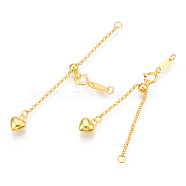 925 Sterling Silver Chain Extender, with S925 Stamp, with Clasps & Curb Chains, Real 18K Gold Plated, 50mm, Links: 53x1x0.5mm; Clasps: 8x6x1mm; Heart: 7.5×6×4mm, Label: 7x3x0.5mm.(FIND-T009-01G)
