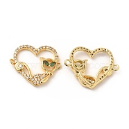 Brass Micro Pave Cubic Zirconia Connector Charms, Heart Links with Cat, Golden, Green, 18x23x3mm, Hole: 1.4mm(KK-H441-56G)