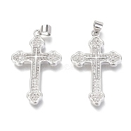 Brass Micro Pave Clear Cubic Zirconia Pendants, Cross, Real Platinum Plated, 32x20x3mm, Hole: 3mm(ZIRC-O038-05P)