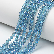 Electroplate Glass Beads Strands, Half Plated, Blue Plated, Faceted, Rondelle, Light Blue, 6x5mm, Hole: 1mm, about 85~88pcs/strand, 16.1~16.5 inch(41~42cm)(EGLA-A034-T6mm-I04)