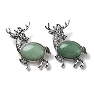 Alloy Elk Brooches, with Natural Green Aventurine, Antique Silver, 49.5x49x14mm(JEWB-A021-02AS-07)