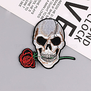 Skull with Rose Computerized Embroidery Style Cloth Iron on/Sew on Patches, Appliques, Badges, for Clothes, Dress, Hat, Jeans, DIY Decorations, for Halloween, Red, 93x102mm(SKUL-PW0002-112I)