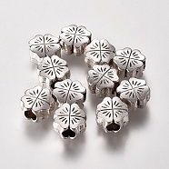 Tibetan Style Beads, Lead Free & Cadmium Free & Nickel Free, Flower, Great for Mother's Day Gifts making, Antique Silver Color, Size: about 10mm long, 10mm wide, 6mm thick, hole: 4mm(PALLOY-14467-AS-FF)