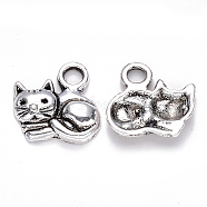 Tibetan Style Alloy Charms, Cat Shape, Cadmium Free & Lead Free, Antique Silver, 14x14x3mm, Hole: 2.5mm(X-TIBEP-S319-080AS-RS)
