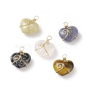 Natural Mixed Stone Pendants, with Eco-Friendly Light Gold Tone Copper Wire Wrapped, Heart Charm, 26~28x23~23.5x12~13mm, Hole: 3mm(PALLOY-JF01858)