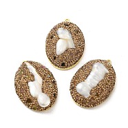Brass Pave Rhinestone Pendants, Oval Charms with Natural Freshwater Pearl, Long-Lasting Plated, Golden, 41~41.5x29~29.5x9.5~10.5mm, Hole: 1.6mm(KK-K362-03G)
