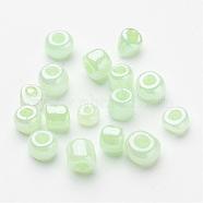 DIY Craft Beads 6/0 Ceylon Round Glass Seed Beads, Pale Green, Size: about 4mm in diameter, hole:1.5mm, about 495pcs/50g(X-SEED-A011-4mm-144)