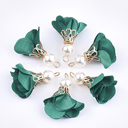 Iron Pendants, with Cloth and ABS Plastic Imitation Pearl, Flower, Golden, Sea Green, 25~32x15~25mm, Hole: 1~4mm(FIND-T033-07D)