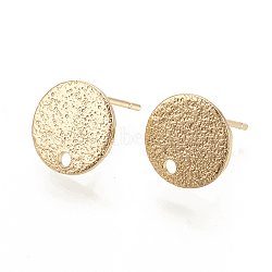 Hammered Brass Stud Earring Findings, with Loop, Flat Round, Nickel Free, Real 18K Gold Plated, 10mm, Hole: 1mm, Pin: 0.6mm(X-KK-S345-202G)