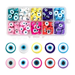 250Pcs Handmade Polymer Clay Beads, Flat Round with Evil Eye, Mixed Color, 10.5~12.5x3.5~4.5mm, Hole: 1.5mm, 25pcs/color(CLAY-LS0001-10)
