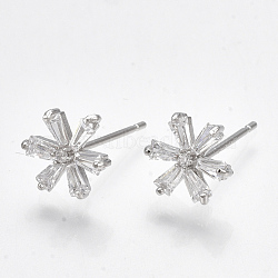 Brass Cubic Zirconia Stud Earrings, Flower, Clear, Real Platinum Plated, 9x8mm, Pin: 0.7mm(KK-S348-364P)