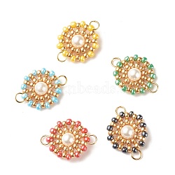 Shell Pearl Glass Seed Beads Connector Charms, with Golden Tone 304 Stainless Steel Loops, Flat Round, Mixed Color, 26.5x19x6.5mm, Jump Ring: 5x0.7mm, 3.6mm Inner Diameter(PALLOY-JF01467)