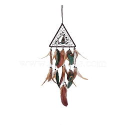 Cotton Woven Net/Web with Feather Hanging Decorations, Triangle Braided Beads Hanging Ornaments for Home Office Decoration, Colorful, 610x195mm(PW-WG4983A-01)