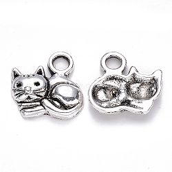 Tibetan Style Alloy Charms, Cat Shape, Cadmium Free & Lead Free, Antique Silver, 14x14x3mm, Hole: 2.5mm(X-TIBEP-S319-080AS-RS)