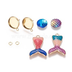 DIY Stud Earring Making, with Resin Cabochons, Flat Round with Mermaid Fish Scale, Zinc Alloy Enamel Pendants, Mermaid Tail Shape and 304 Stainless Steel Stud Earring Settings, Colorful, 12x3mm(DIY-X0098-54G)