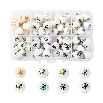 80Pcs 8 Colors Christmas Opaque Glass Beads, Round with Electroplate Snowflake Pattern, Mixed Color, 10mm, Hole: 1.2mm