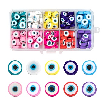 250Pcs Handmade Polymer Clay Beads, Flat Round with Evil Eye, Mixed Color, 10.5~12.5x3.5~4.5mm, Hole: 1.5mm, 25pcs/color