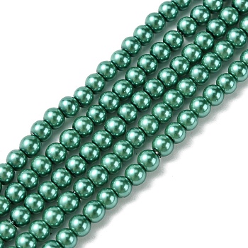 Eco-Friendly Dyed Glass Pearl Round Beads Strands, Grade A, Cotton Cord Threaded, Dark Cyan, 4~4.5mm, Hole: 0.7~1.1mm, about 104pcs/strand, 15 inch