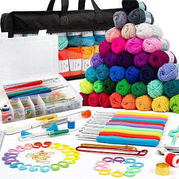 DIY Knitting Kits, Including Yarn, Crochet Hook & Needle & Protector, Stitch Marker & Row Counter, Scissor, Tape Measure, Thimble, Seam Reaper, Storage Box & Bag, Mixed Color, Yarn: 101.6x50.8mm, 40yards(about 36m)/skein, 40 colors, 1 skein/color, 40 skeins