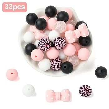 33Pcs 5 Styles Silicone Focal Beads, for Jewelry Crafts Necklace Garland Bracelet, Mixed Shapes, Pink, 15x14.5~30x9.5mm, Hole: 2~2.8mm