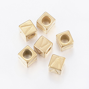 304 Stainless Steel Large Hole Letter European Beads, Horizontal Hole, Cube with Letter.V, Golden, 8x8x8mm, Hole: 5mm