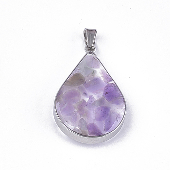Natural Amethyst Pendants, with Glass and 304 Stainless Steel Findings, Drop, Stainless Steel Color, 26.5~27x17~17.5x6.5~7mm, Hole: 3x5.5mm