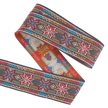 Ethnic Style Embroidery Polyester Ribbons, Jacquard Ribbon, Tyrolean Ribbon, Garment Accessories, Floral Pattern, Red, 2 inch(50mm), about 7.66 Yards(7m)/Roll