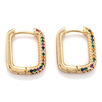 Brass Micro Pave Cubic Zirconia Huggie Hoop Earrings, Real 18K Gold Plated, Rectangle, Colorful, 20x16x2.5mm, Pin: 0.7mm