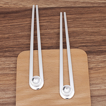 Alloy Hair Fork Findings, Cabochon Settings, with Iron Pins, Round, Silver, 148x20mm