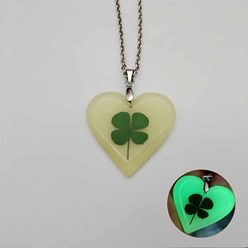 Glow in the Dark Resin Heart with Clover Pendant Necklace, Cable Chain Necklaces