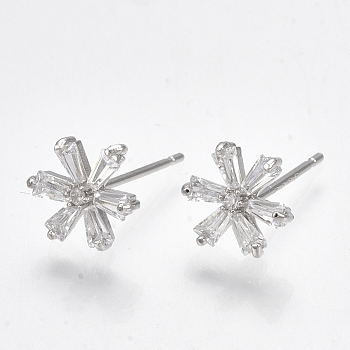 Brass Cubic Zirconia Stud Earrings, Flower, Clear, Real Platinum Plated, 9x8mm, Pin: 0.7mm