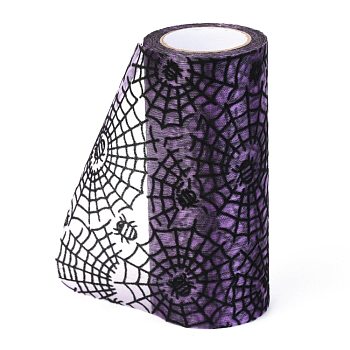 Halloween Deco Mesh Ribbons, Tulle Fabric, for DIY Craft Gift Packaging, Home Party Wall Decoration, Spider & Spider Web pattern, Dark Violet, 5-1/8 inch(129mm), 10 yards/roll(9.14m/roll)