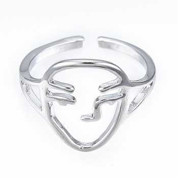 Brass Abstract Face Open Cuff Ring, Hollow Chunky Ring for Women, Nickel Free, Real Platinum Plated, US Size 6(16.5mm)