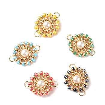 Shell Pearl Glass Seed Beads Connector Charms, with Golden Tone 304 Stainless Steel Loops, Flat Round, Mixed Color, 26.5x19x6.5mm, Jump Ring: 5x0.7mm, 3.6mm Inner Diameter