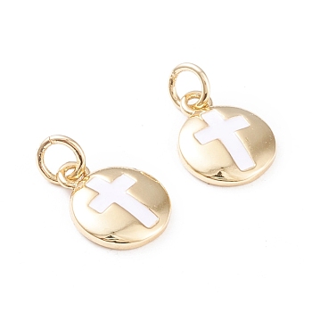 Brass Enamel Charms, with Jump Rings, Long-Lasting Plated, Flat Round with Cross, White, Real 18K Gold Plated, 12.5x10x2mm, Hole: 3mm