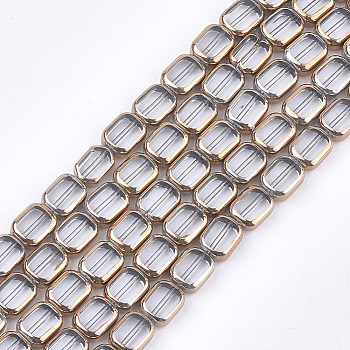 Electroplate Glass Beads Strands, Edge Plated, Rectangle, Clear, 9.5~10x7.5~8x4mm, Hole: 1mm, about 30pcs/strand, 11.4 inch