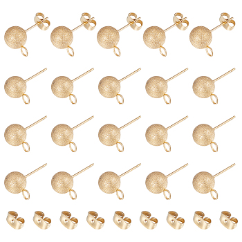 30Pcs 304 Stainless Steel Stud Earring Findings, Ball Stud Earring Finding Post with Ear Nuts and Horizontal Loops, Textured, Round, Golden, 12x8mm, Hole: 2.7mm, Pin: 0.7mm