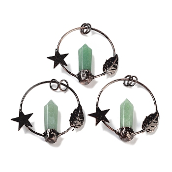 Natural Green Aventurine Faceted Pointed Bullet Big Pendants, Brass Ring Charms with Star & Moon & Jump Rings, Red Copper, 47~49x52.5x9.5~10mm, Hole: 6.6mm