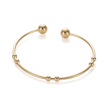201 Stainless Steel Cuff Bangles, Torque Bangles, with Round Beads, Golden, 5.3~6x4~5.5cm